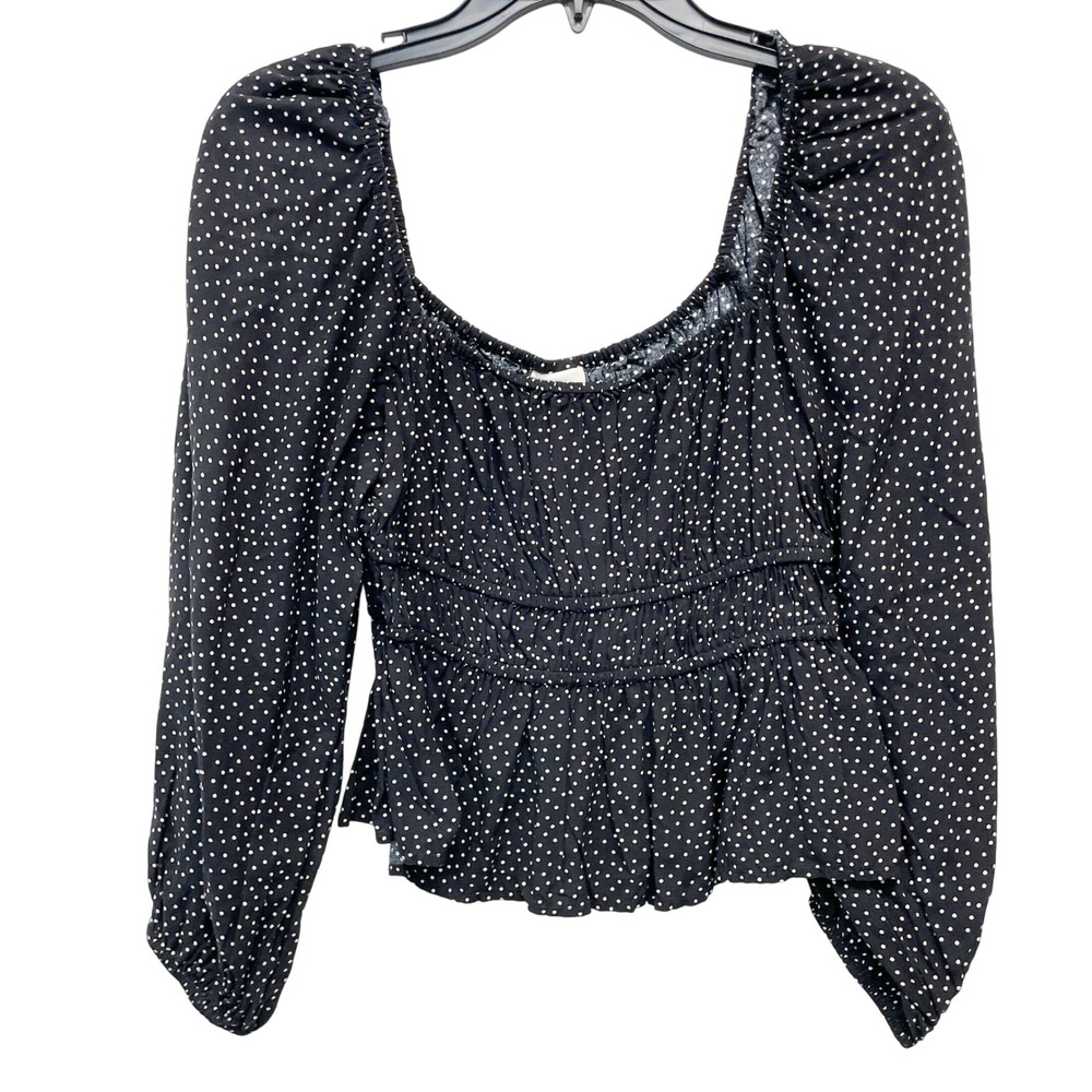 A New Day Women's Black Polka Dot Puff Sleeve Peplum Blouse Top Size XS